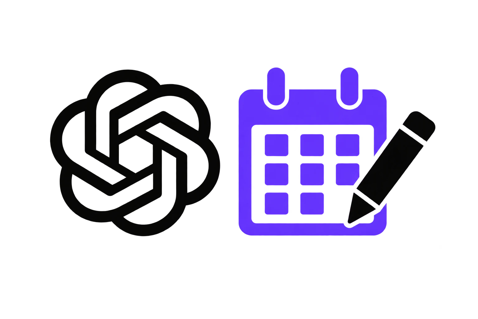 ChatGPT logo beside a purple calendar and a pencil.