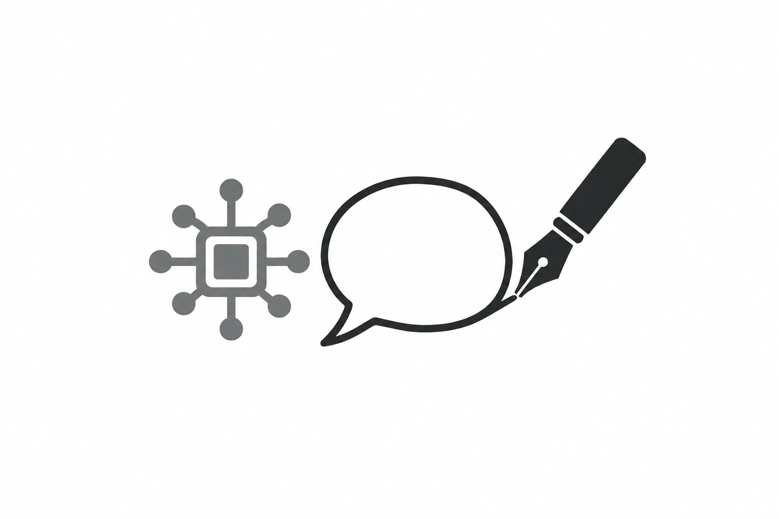 AI node beside a speech bubble drawn with a pen, on a white background.