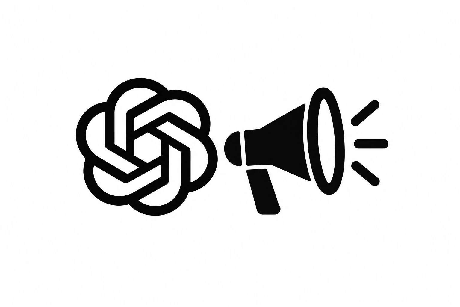 ChatGPT symbol beside a megaphone, on a white background.