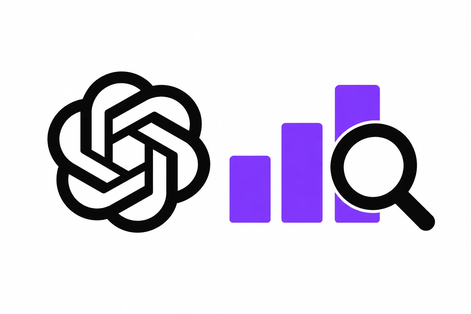 ChatGPT logo beside a purple bar chart and a magnifying glass.