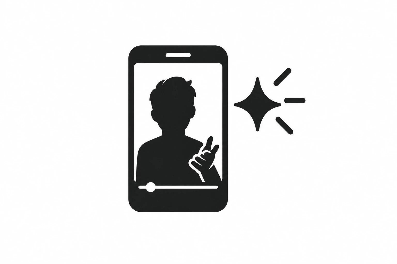 Creator silhouette on a phone screen beside a spark, on a white background.