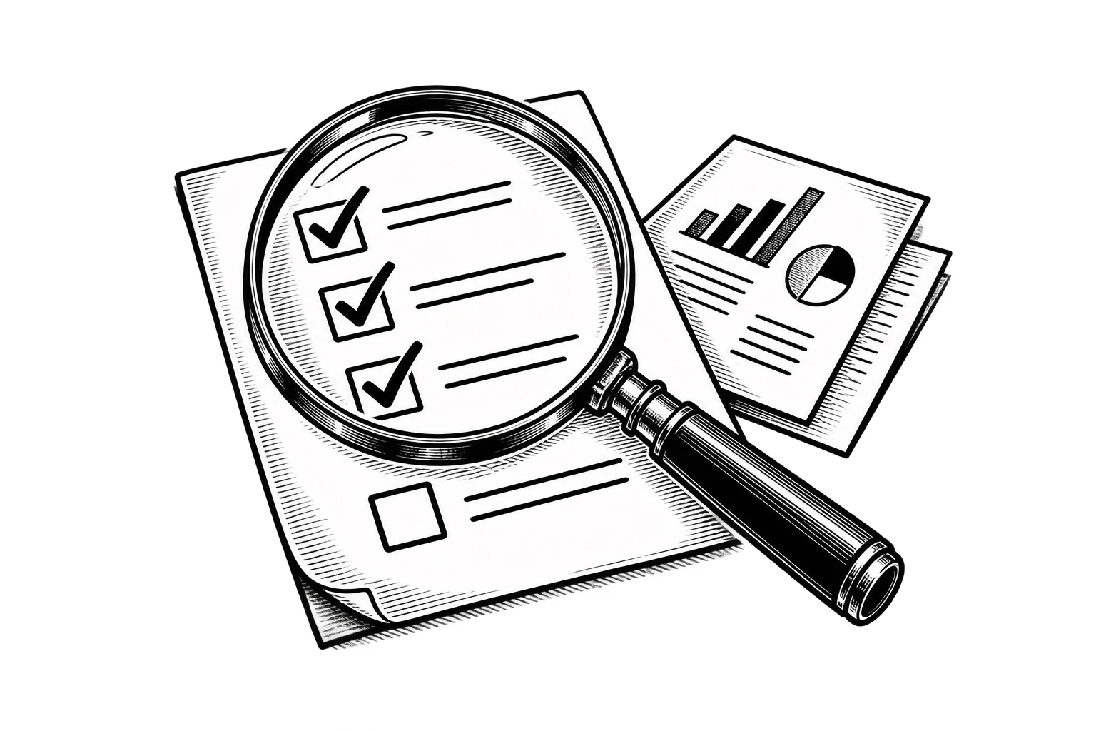 Una lupa examina una lista de revisión y sus evidencias.