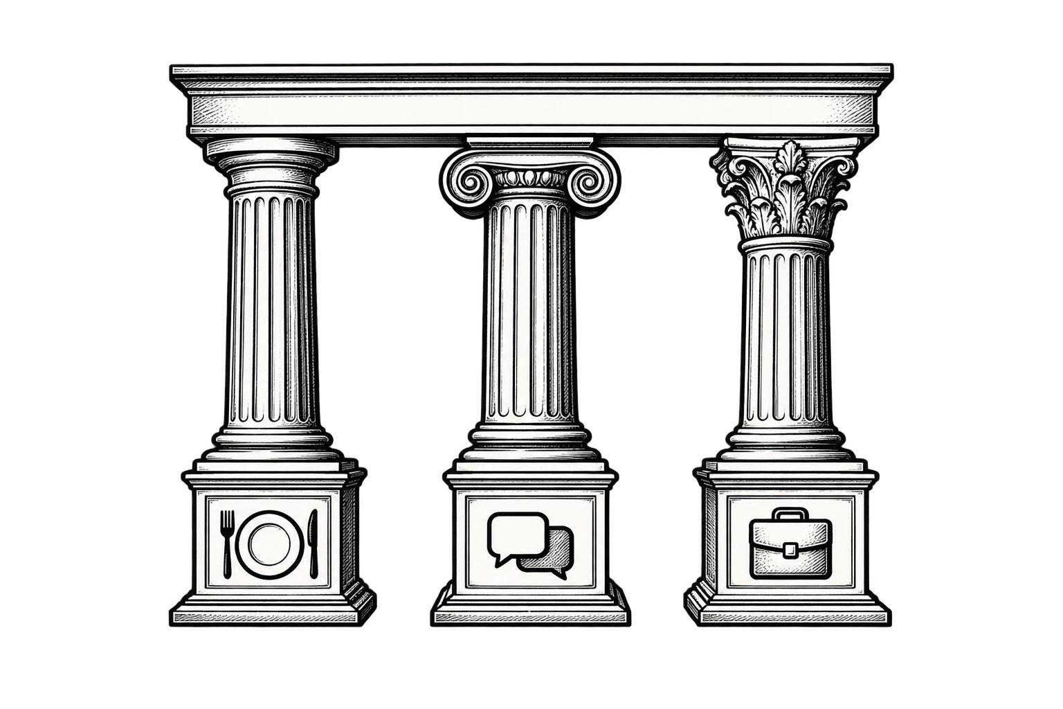 Tres columnas representan los pilares de contenido de distintos negocios.