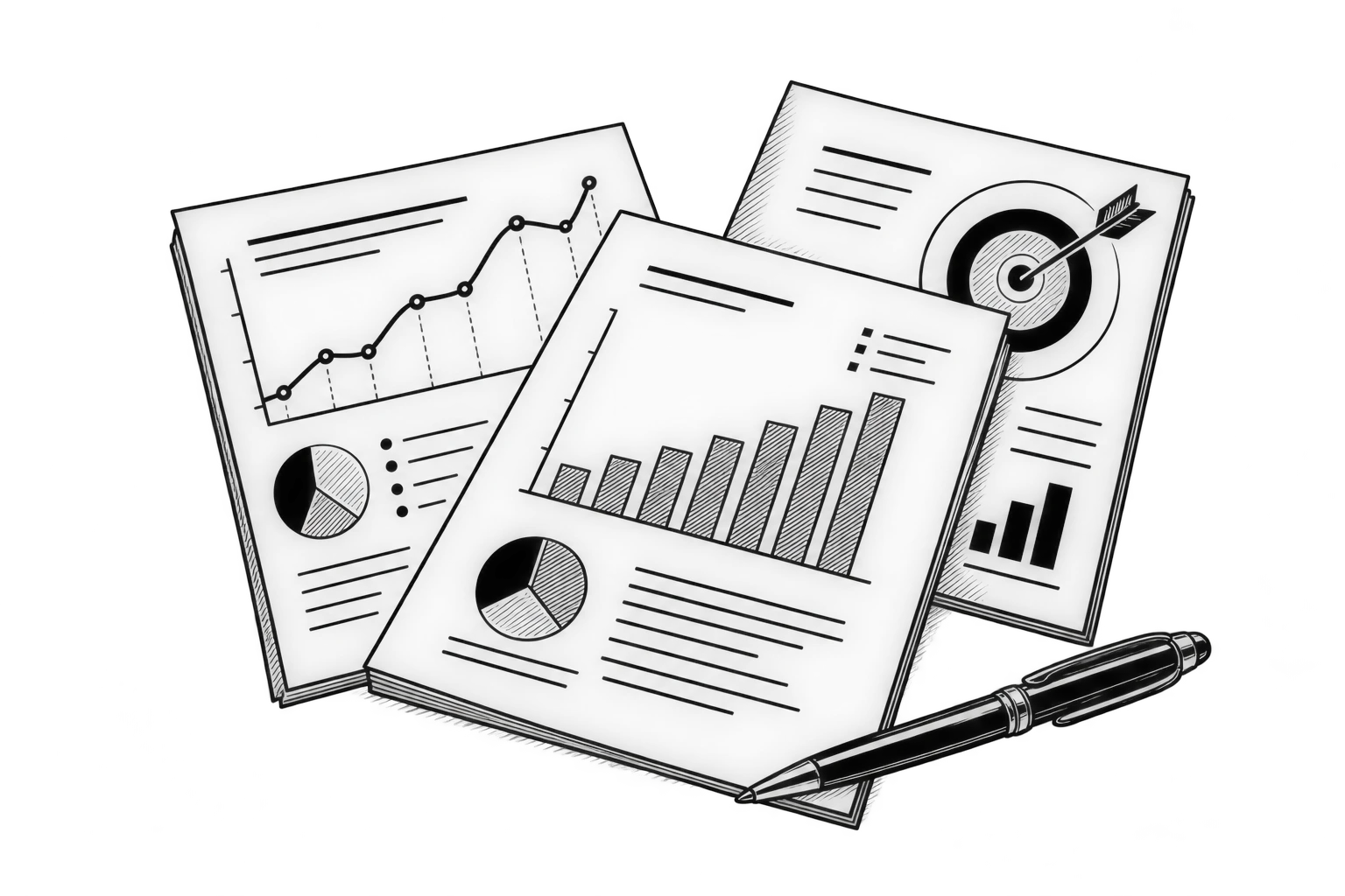 Illustrated reports with charts and a target.