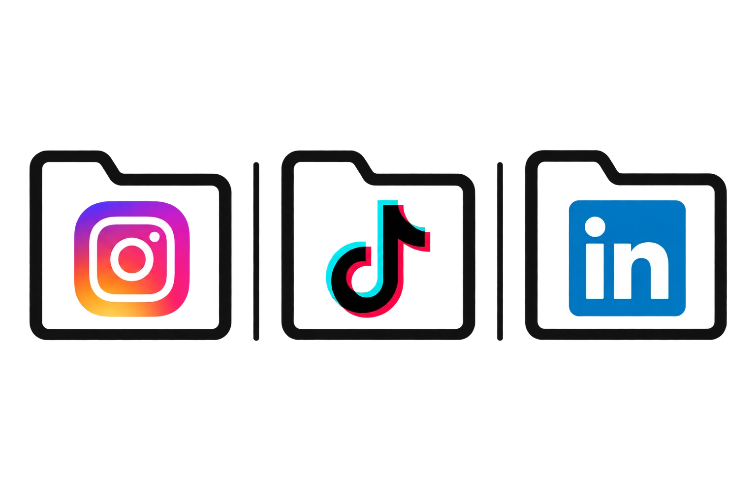 Separate folders displaying the Instagram, TikTok and LinkedIn logos.