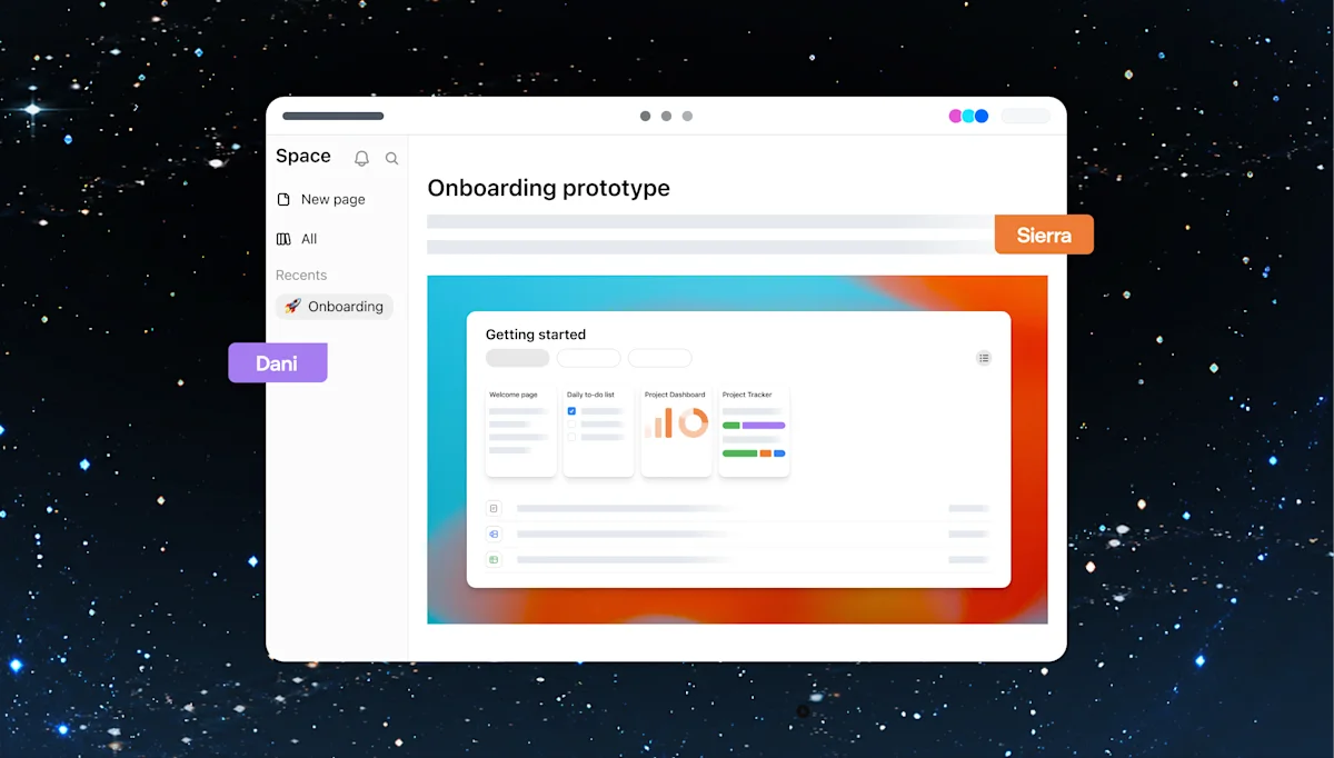 Official Space screenshot showing a prototype in a shared page with teammate comments and cursors.