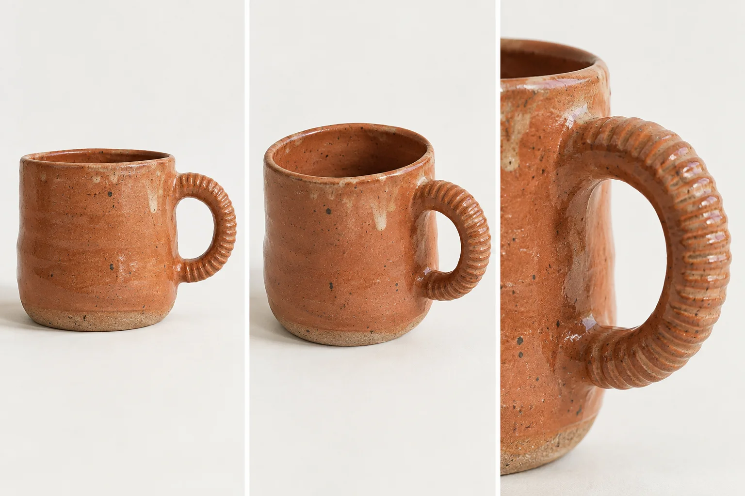Three photographs of the same ceramic cup: front view, diagonal angle, and close-up of the handle.