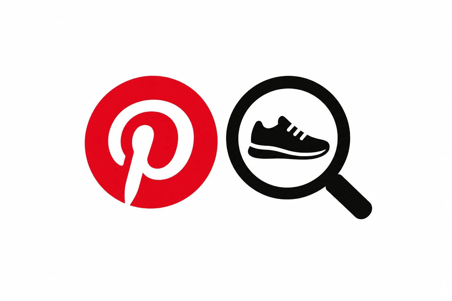 Pinterest logo beside a magnifying glass framing a sneaker, on a white background.