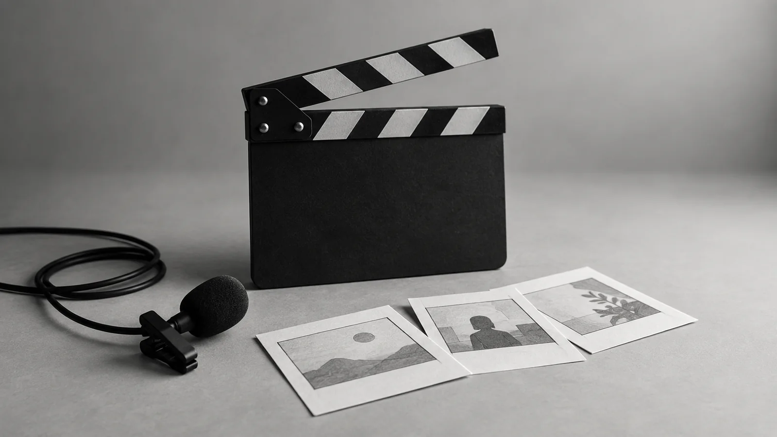 Conceptual image of a clapperboard, microphone and three storyboard images for preparing a video script