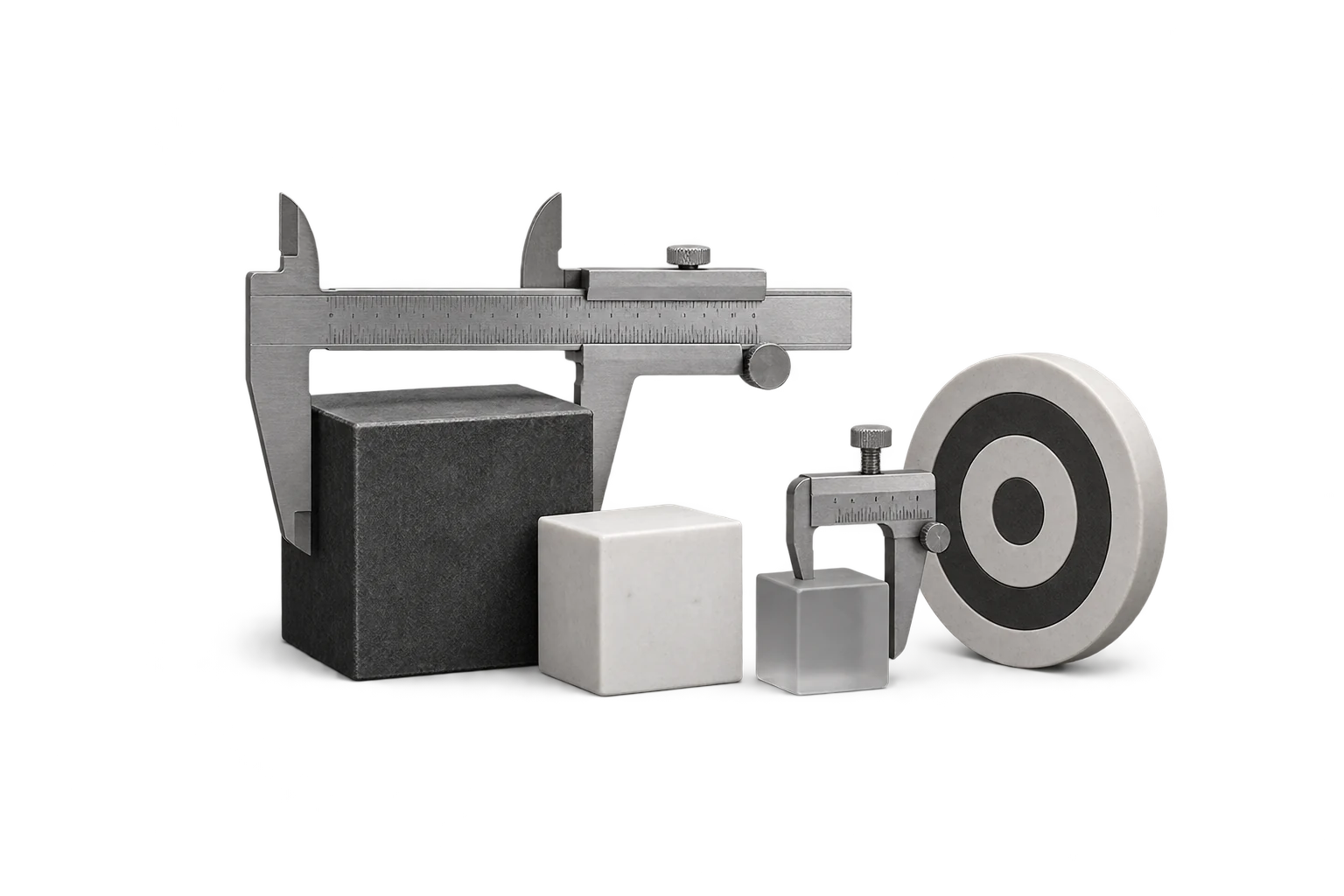 Measuring instruments of different sizes beside blocks and a target disc.
