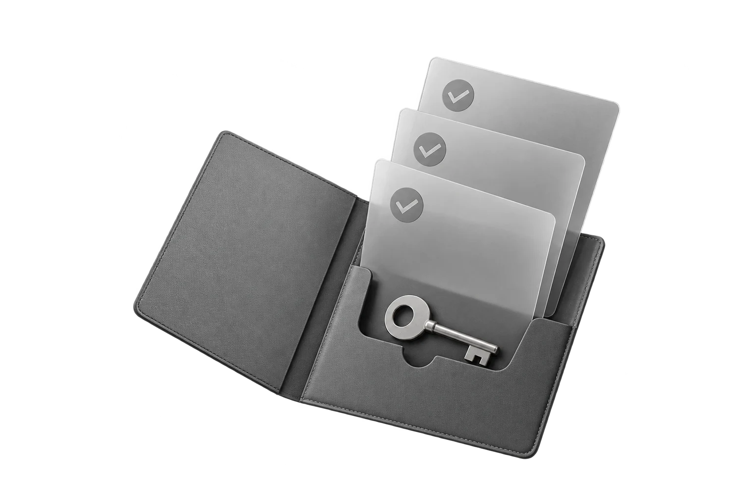 An open folio holds three review sheets and an access key.