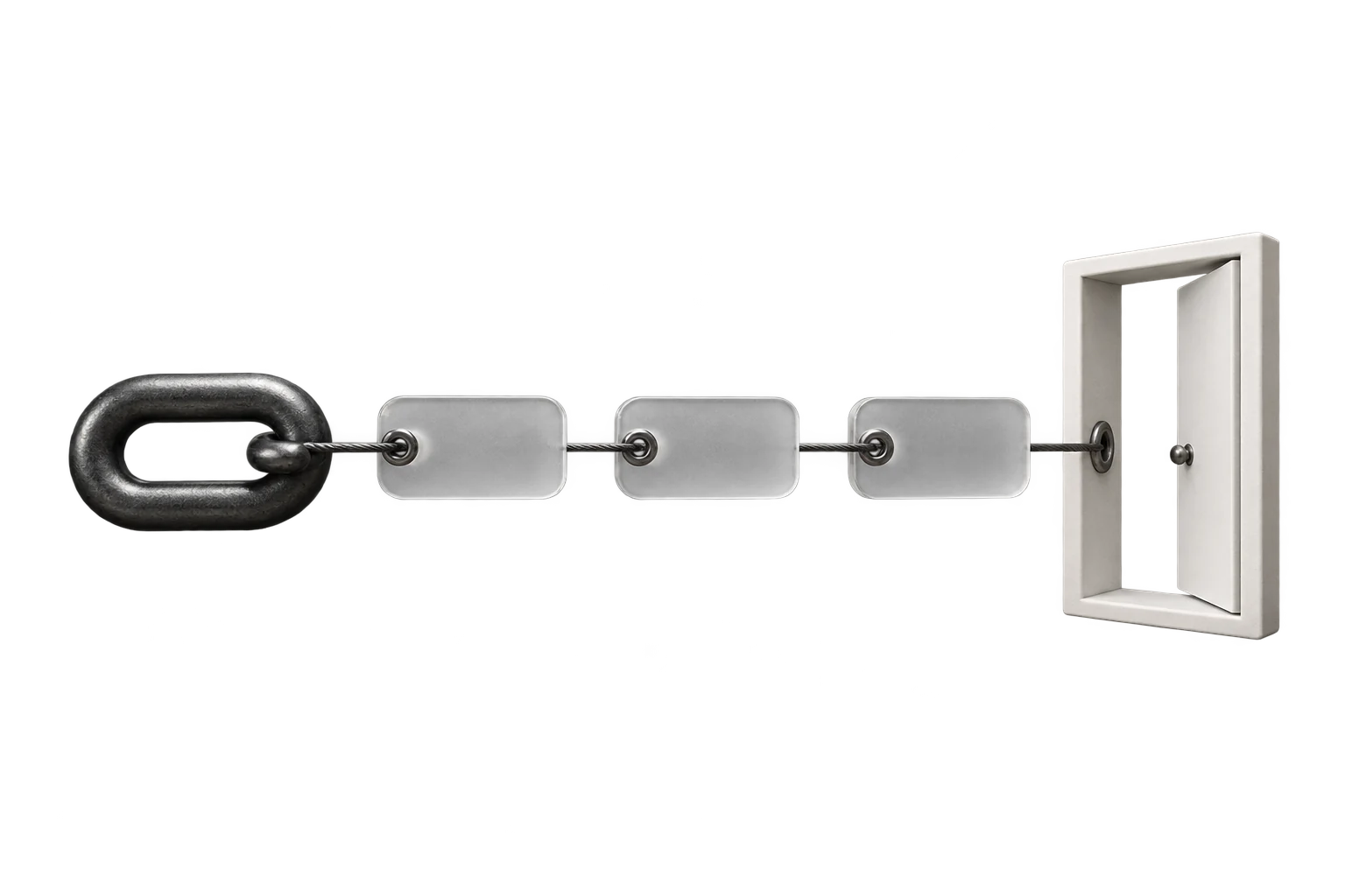 A chain link and three tags connect a path to a destination doorway.