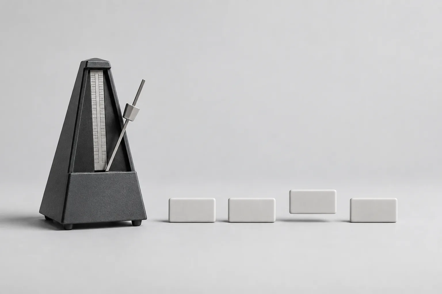 A metronome beside four rectangular tiles arranged in a sequence.