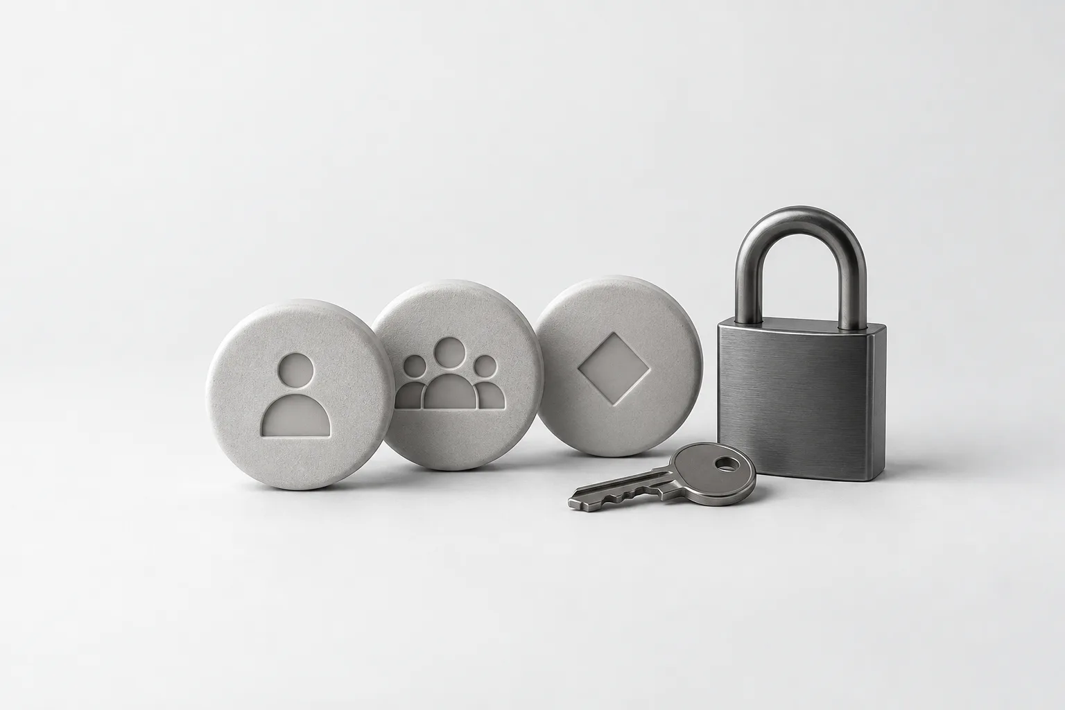 Three access tokens with distinct symbols beside a key and a closed padlock.