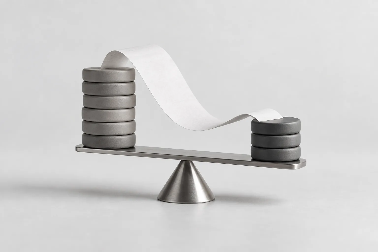 Two stacks of counters on a balance beam with a strip of paper between them.