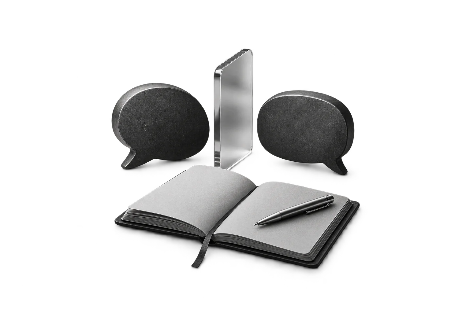 Two conversation shapes, a separator and a notebook represent comment review.