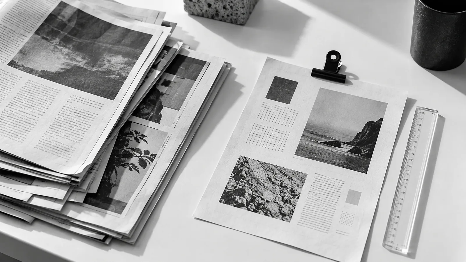 Black-and-white editorial pages, some stacked and one open, representing content selection.