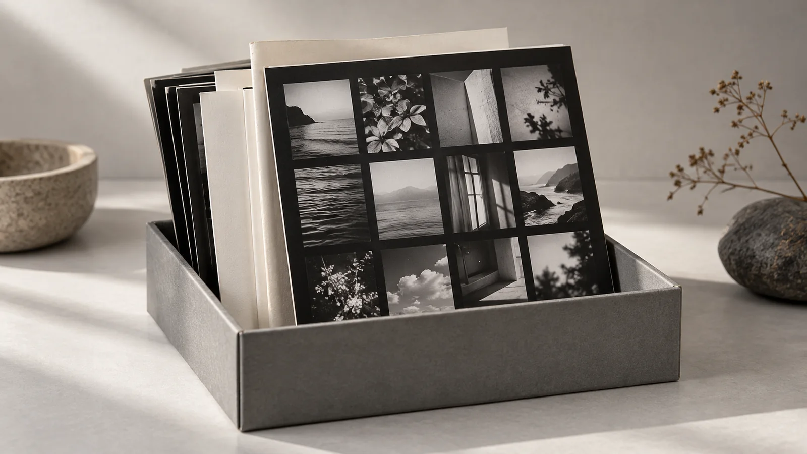Conceptual image of an archive box with dividers and photographic contact sheets for organizing content versions