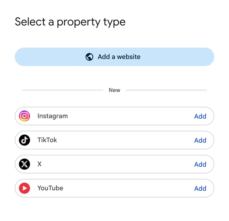 The Search Console dialog Select a property type, with an Add a website button at the top and, under the New label, Instagram, TikTok, X and YouTube, each with its own Add button.