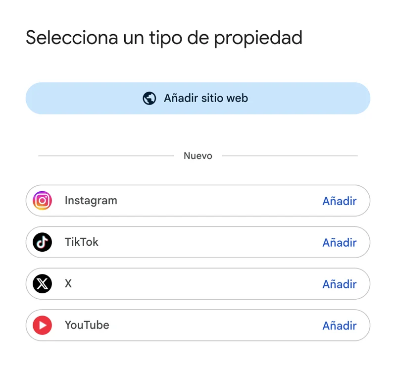 Diálogo de Search Console Selecciona un tipo de propiedad, con el botón Añadir sitio web arriba y, bajo el rótulo Nuevo, Instagram, TikTok, X y YouTube, cada una con su botón Añadir.
