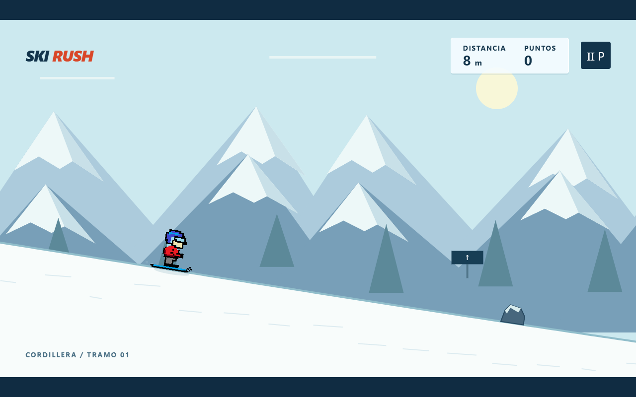 Primera versión de Ski Rush: el esquiador baja la montaña hacia una roca.