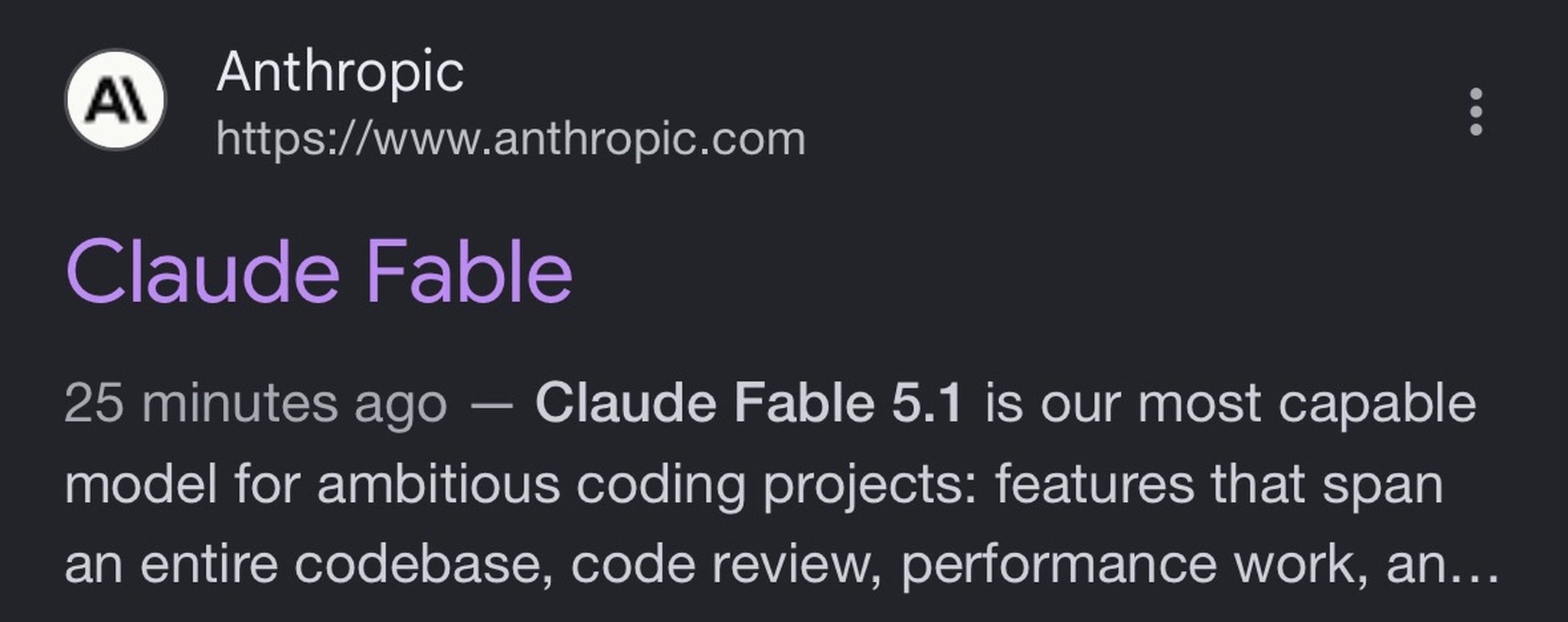 Screenshot posted by TokenGremlin: a Claude Fable Google result with a relative timestamp and a Fable 5.1 description.