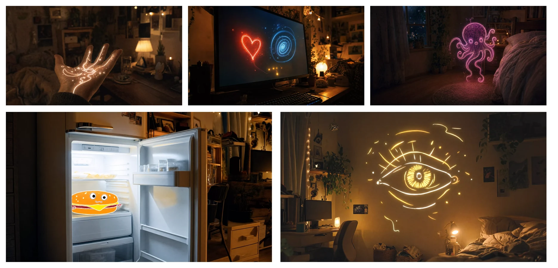 Five reference keyframes: a glowing hand, luminous drawings on a monitor, a pink octopus, a burger inside a fridge and a glowing eye in a room