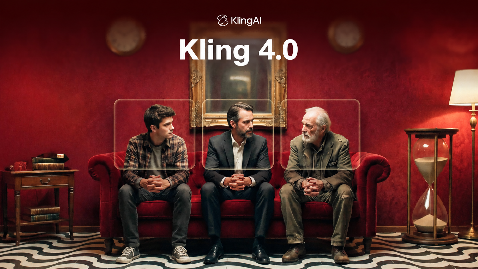 Official Kling 4.0 image showing three characters on a red sofa with their visual references highlighted